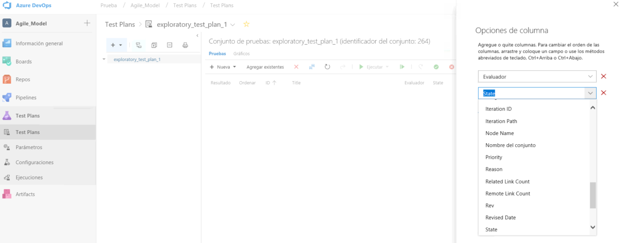 azure devops test plan opciones de columna