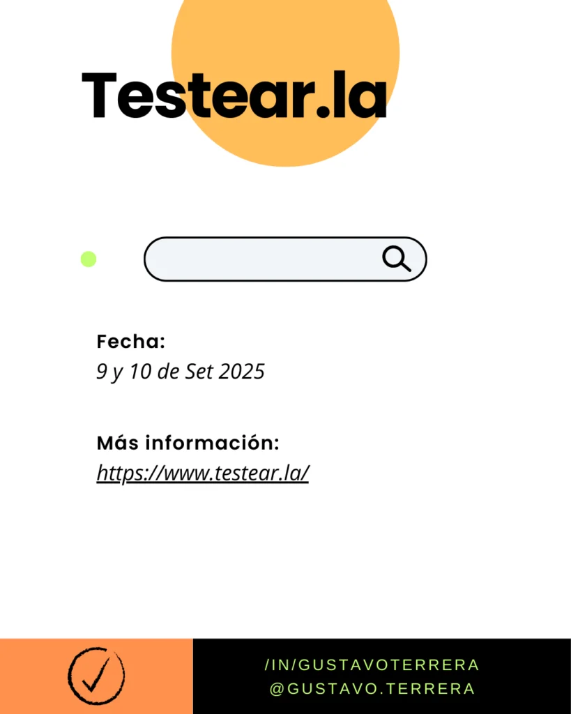 📢📅💪🖖 ¡Atención, comunidad de Software Testing y Calidad! 🚀 

Con los años y la experiencia de haber visto nacer y crecer iniciativas tan importantes como Argentesting, evento que organizamos hace algunos años con Nadia Soledad Cavalleri, sé el esfuerzo, la pasión y el valor que se invierte en construir espacios de conocimiento y conexión para nuestra comunidad.

Por eso, quiero compartirles una agenda imperdible de eventos que se vienen en los próximos meses y que, sin duda, serán fundamentales para seguir impulsando la excelencia en calidad de software. Agenden estas fechas, ¡porque prometen mucho!