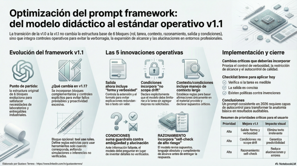 Conclusión: Hacia una IA Consistente
La evolución de la "anatomía" del prompt de 2025 a la consistencia operativa de 2026 marca la profesionalización definitiva del sector. Un prompt diseñado bajo el Estándar v1.1 no busca simplemente que la IA nos "entienda"; busca que se comporte de manera predecible y profesional bajo cualquier circunstancia.
Integrar estas capas explícitas de control —forma, límites de alcance y autocontrol de calidad— es lo que diferencia un experimento de una práctica industrial robusta, apta para la validación de entregables críticos y la generación de pruebas de alto nivel.