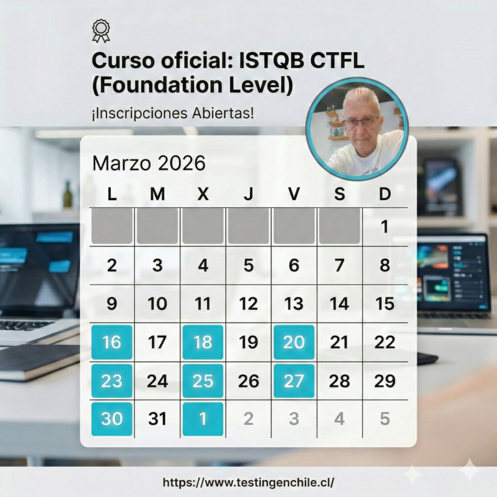 ▶️ NUEVA EDICIÓN DEL CURSO ISTQB CTFL v4.0
▶️ INICIAMOS EL 16/3 | 19:30 (Hora Chile)
▶️ + info y costo: 
👉 https://www.testingenchile.cl/new-curso-istqb/
cursos@testingenchile.cl