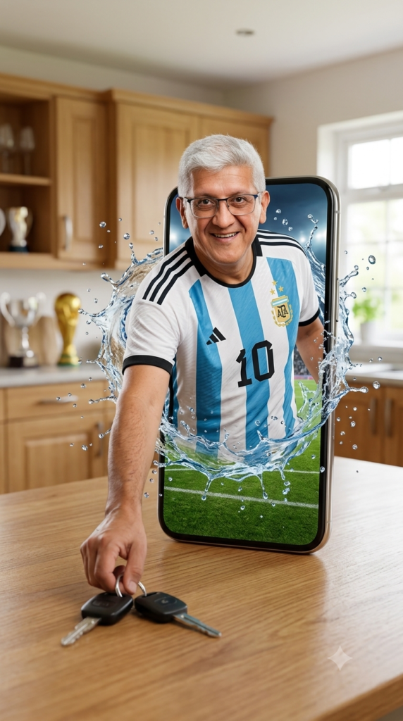 El prompt solicita la creación de una ilusión óptica 3D hiperrealista donde la persona (basada en una foto de referencia) emerge de manera dinámica desde la pantalla de un smartphone colocado verticalmente sobre una mesa. La acción principal consiste en que el sujeto extiende su brazo fuera del dispositivo para alcanzar unas llaves de coche sobre la mesa, utilizando efectos visuales de salpicaduras de agua para representar la ruptura entre la superficie digital y el mundo físico. La escena se ubica en una cocina luminosa con detalles específicos (luz natural, trofeos de fútbol) que añaden contexto y profundidad a la composición.