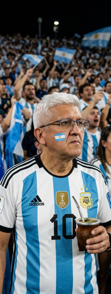 El prompt solicita la creación de un retrato fotorrealista de corte editorial deportivo. El sujeto es un hombre latino de aproximadamente 50 años, con cabello canoso y una expresión de tensión y concentración extrema durante un partido nocturno. Se exige un alto nivel de detalle en la vestimenta (camiseta oficial de Argentina con parches y detalles específicos) y la inclusión de elementos culturales significativos, como el mate. Técnicamente, busca simular la calidad de una cámara profesional (Canon EOS R5 con lente de 85mm), priorizando una profundidad de campo reducida (bokeh) y una atmósfera nocturna con iluminación cálida de estadio.
