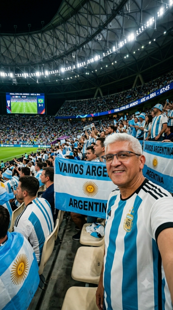 El prompt solicita un retrato fotorrealista y de corte editorial del usuario como un aficionado apasionado de la Selección Argentina. La escena se desarrolla en un estadio repleto durante un partido internacional de alta importancia. Se prioriza una composición de medio plano que integre al sujeto con el entorno, utilizando una configuración técnica de alta calidad (calidad 8K, lente de 85mm, profundidad de campo cinematográfica) y un formato vertical específico de 9:16, asegurando la fidelidad absoluta a la identidad del usuario y vistiendo la indumentaria oficial.
