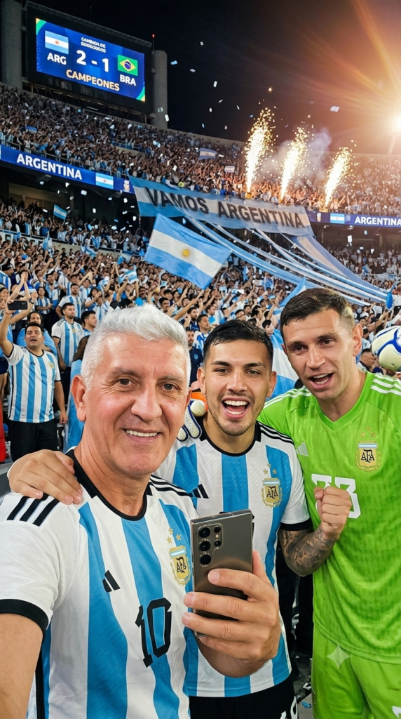El prompt solicita la creación de una fotografía estilo "selfie" espontánea dentro de un estadio lleno, capturada con un smartphone de alta gama. El usuario debe aparecer en primer plano sosteniendo el dispositivo, flanqueado por los futbolistas Leandro Paredes y el "Dibu" Martínez (este último con su equipación de arquero), celebrando juntos como amigos en un ambiente de victoria. La composición debe priorizar la naturalidad, la energía festiva (con elementos como fuegos artificiales, confeti y banderas) y una calidad visual técnica impecable que simule una fotografía real de redes sociales.
