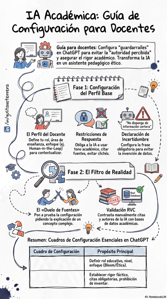 Como docentes, uno de los mayores riesgos al interactuar con Modelos de Lenguaje de Gran Escala (LLM) es el fenómeno de la autoridad percibida: la tendencia humana a confiar en textos que están bien redactados y tienen un tono profesional, aunque su contenido sea fácticamente falso (alucinación).
Para mitigar esto, no basta con redactar buenos prompts individuales. La herramienta de control más potente es la definición de un perfil base a través de las Instrucciones Personalizadas (en ChatGPT) o configuraciones equivalentes (en Gemini). Esto establece un "guardarraíl" permanente que obliga a la IA a adoptar un tono académico, citar fuentes y declarar explícitamente cuando no posea información certera.
