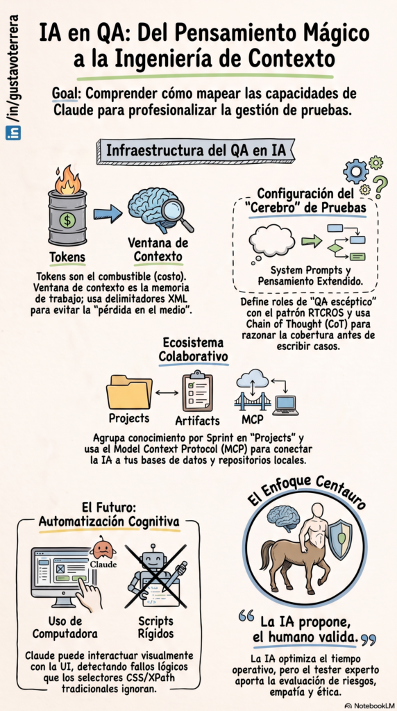 Este artículo establece un puente metodológico entre los conceptos tecnológicos del ecosistema de Claude e inteligencia artificial (IA) generativa y las prácticas formales de la gestión de pruebas de software (test management). El objetivo es dotar al líder de aseguramiento de la calidad (Quality Assurance o QA) de un marco conceptual práctico para entender cómo y dónde aplicar estas capacidades cognitivas en su día a día operativo y estratégico.