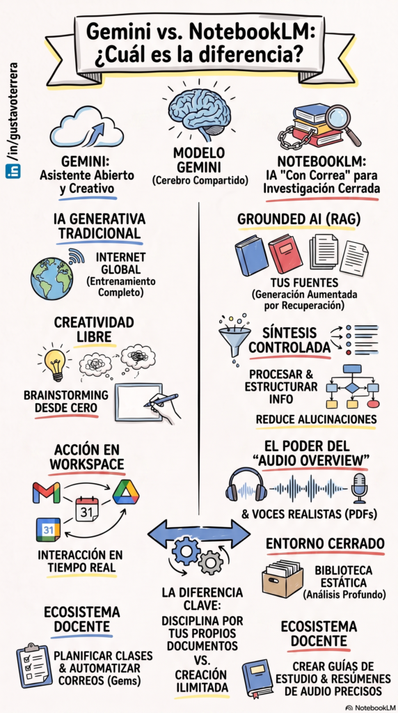 La interpretación de si es o no es una IA Generativa es para abrir un debate, ya que la respuesta viene por el lado de cómo está configurada. A diferencia de un chatbot tradicional (como Gemini o ChatGPT a secas) que "vuela libre" por toda la web y que a veces alucina (dependiendo de la estructura de nuestras instrucciones), la NotebookLM es una IA Generativa "con correa" (técnicamente llamada Grounded AI o basada en RAG: Generación Aumentada por Recuperación).